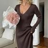 Women's Knitted Dress Elegant V Neck Thick  A-line Dress Brown Long Sleeve Vintage Midi Casual Dresses for Women
