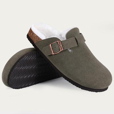 Comwarm Damen Pelz Kork Wildleder Clogs Fuzzy Kork Fußbett Pantoletten Herren Mode Wildleder Flats Hausschuhe Slip On Winter Kartoffelschuhe