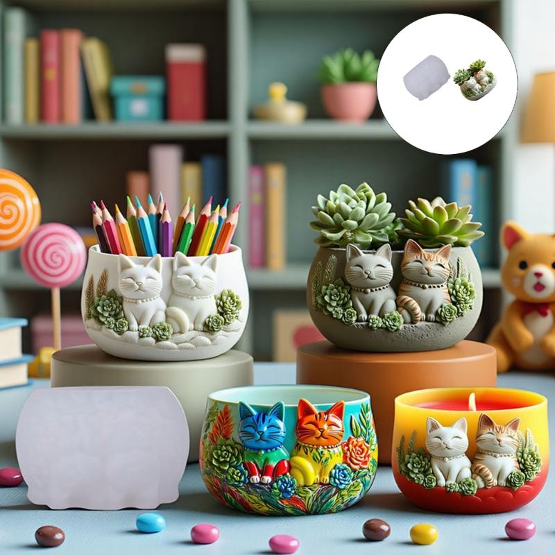 Cats Shape Silicone Molds Suitable for Resin Crafts Embossed Planter Jewelry Making Multipurpose Holiday Decoration