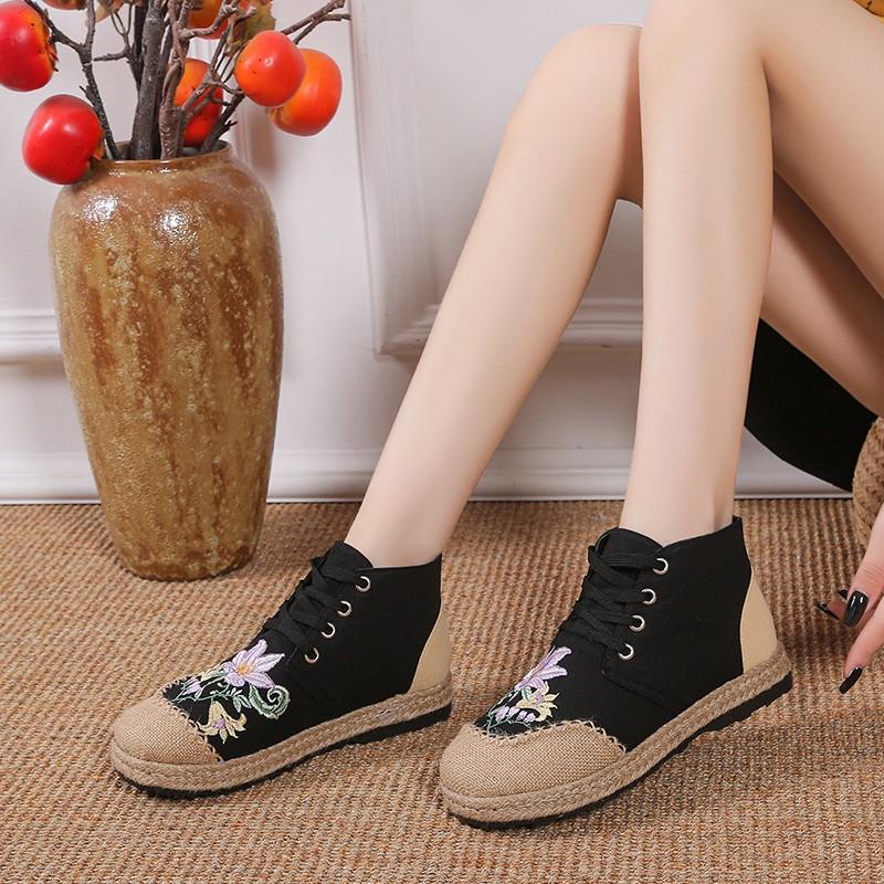 

New fashion embroidery simple medium top women s shoes linen casual shoes sewing lacing process casual 41 чорний