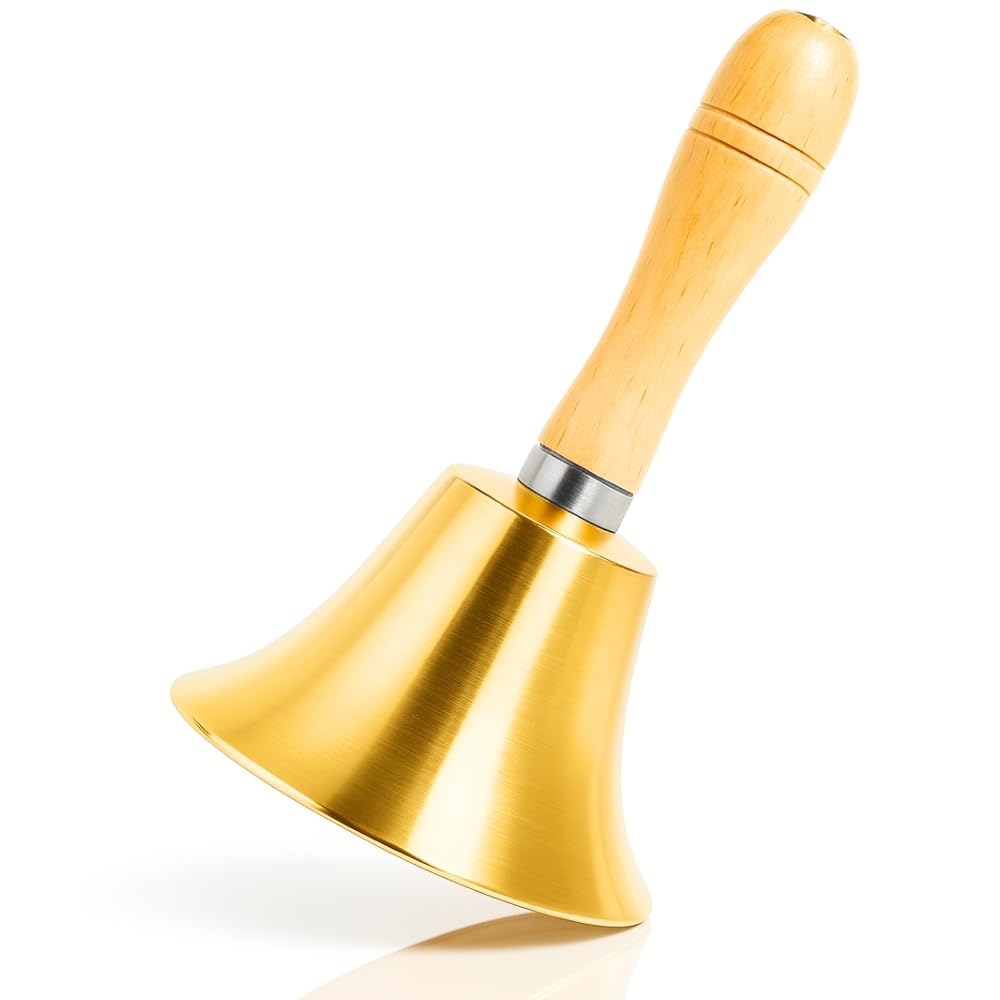 

Шикарный ручной колокольчик, большой, латунный с деревянной ручкой, громкий звук, идеально подходит для дверных звонков, магазинов, перезвонов, мероприятий, ухода за больными, школ и настольного использования