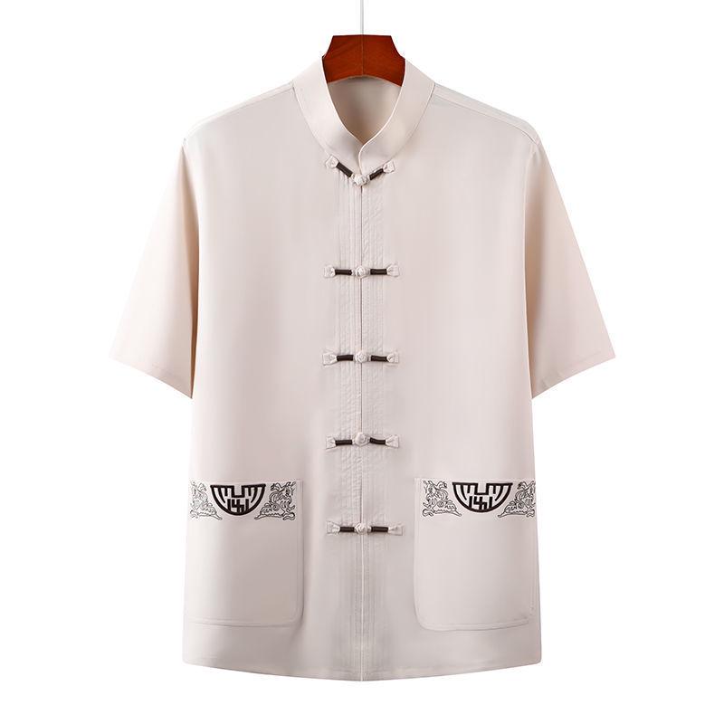 

Men s Summer Chinese Style Short-Sleeve Tang Suit Set - Cotton & Linen Casual Tai Chi Outfit for Middle-Aged & Elderly Size 43 for 170-185 jin
