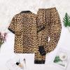 Women's Leopard Print Ice Silk Two-Piece Set – Breathable Long Sleeve Top & Pants for Summer