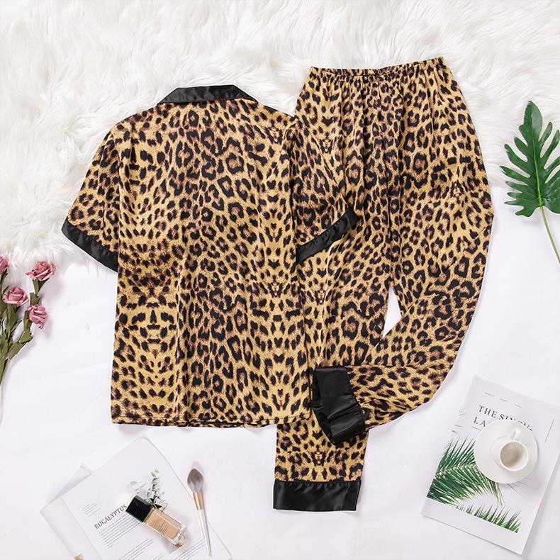 Women's Leopard Print Ice Silk Two-Piece Set – Breathable Long Sleeve Top & Pants for Summer