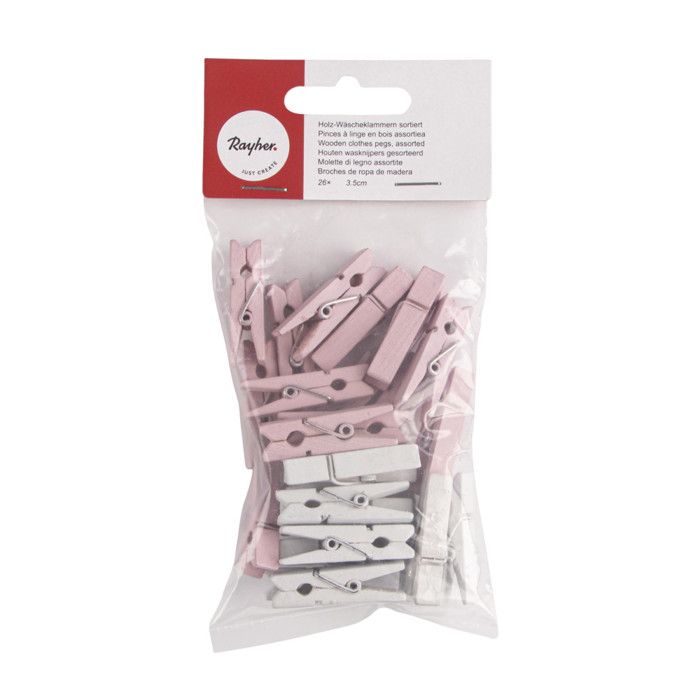 Mini Pinces à linge en bois Rose et blanc 3,5 cm 26 pièces