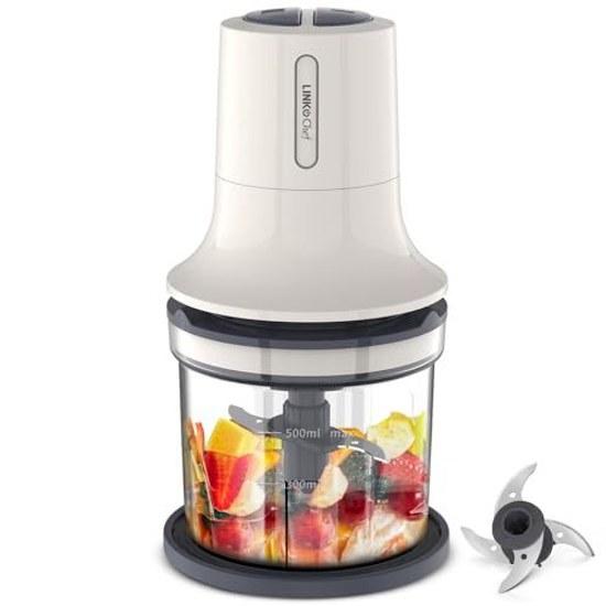 Food Processor LINKChef Mixer Compact 500ml Electric 260W Meat Grinder Chopper Minced Baby Grated Daikon Ground Ice Lightweight Quiet Easy Clean 2 Can