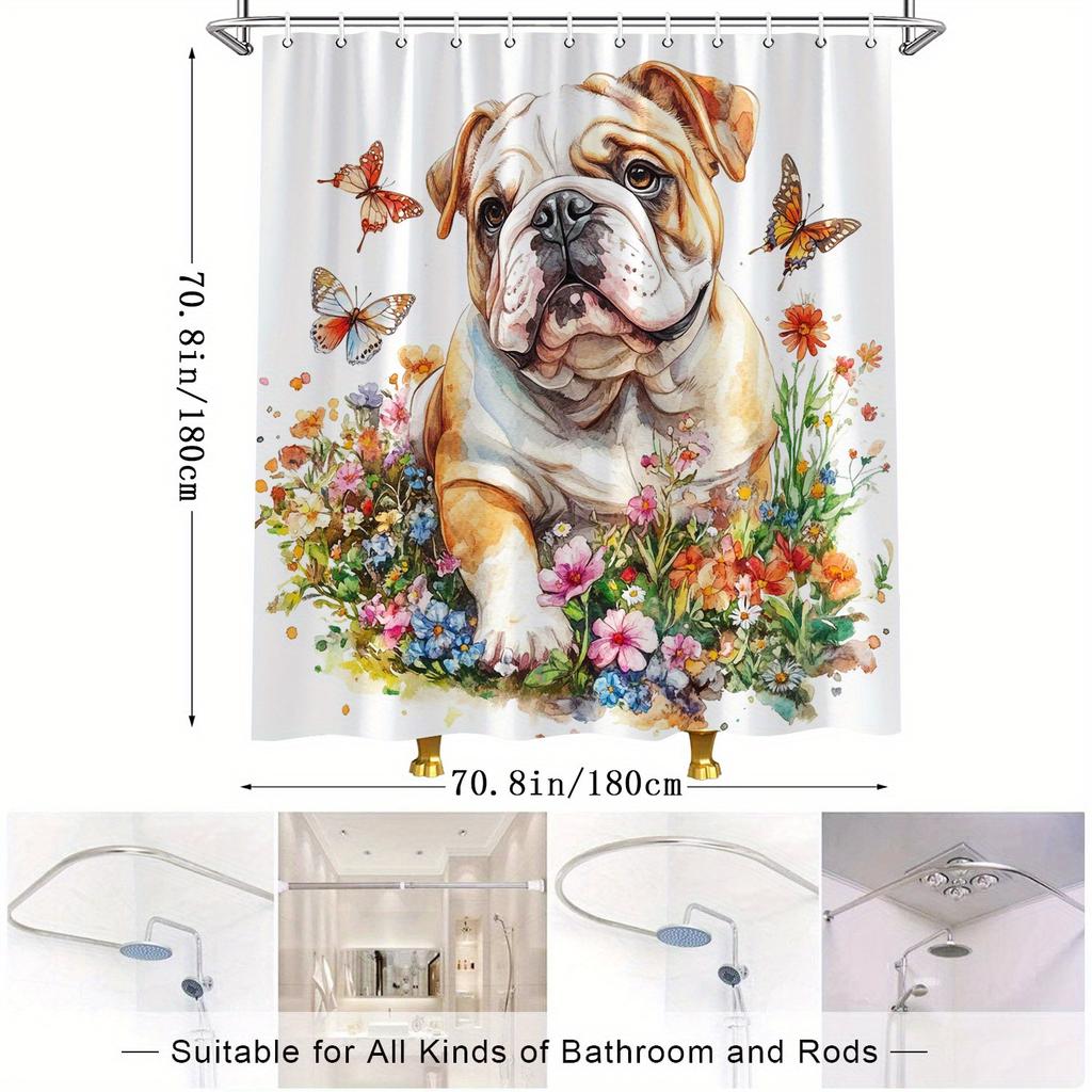 Englische Bulldogge & Schmetterlinge Duschvorhang - Aquarell-Design, Wasserabweisendes Polyester, 12 Haken, Landschaftsthema