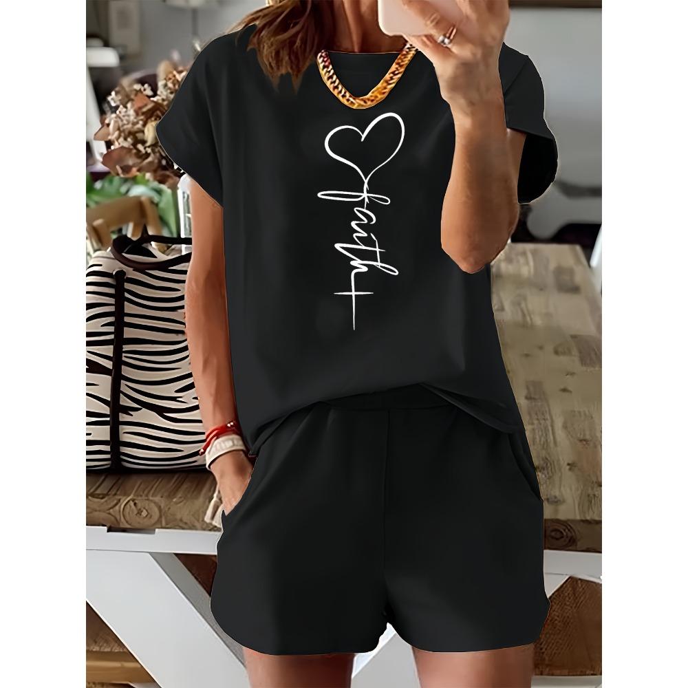 2026 Sommer Damen Modisches Herzförmiges Kreuz Print Lässiges Lockeres Rundhals Kurzarm T-Shirt Shorts Zweiteiliges Set