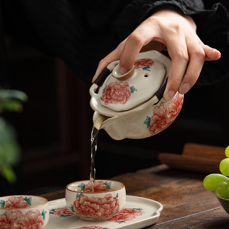Large Ceramic Peony Teapot with Hand-Grip - Anti-Scald Kung Fu Tea Set for Household