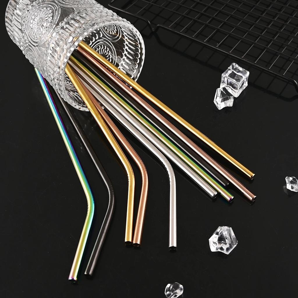 Gold Stainless Steel Straw Set Gold Reusable Straw Straight Bent Drinking Straw With Bag Cleaning Brush Home Bar Accessory
