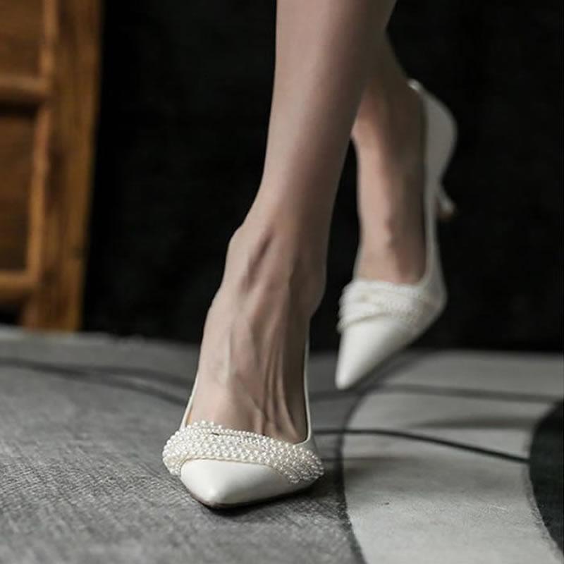 French Single Shoes Women's 2025 Autumn Niche Pearls Shallow Mouth Pointed High Heels Stilettos Fashion All-match Personality