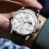 Olevs Men's Chronograph Waterproof Analog Watch Black Leather Strap Date Display Fashion Timepiece White Dial