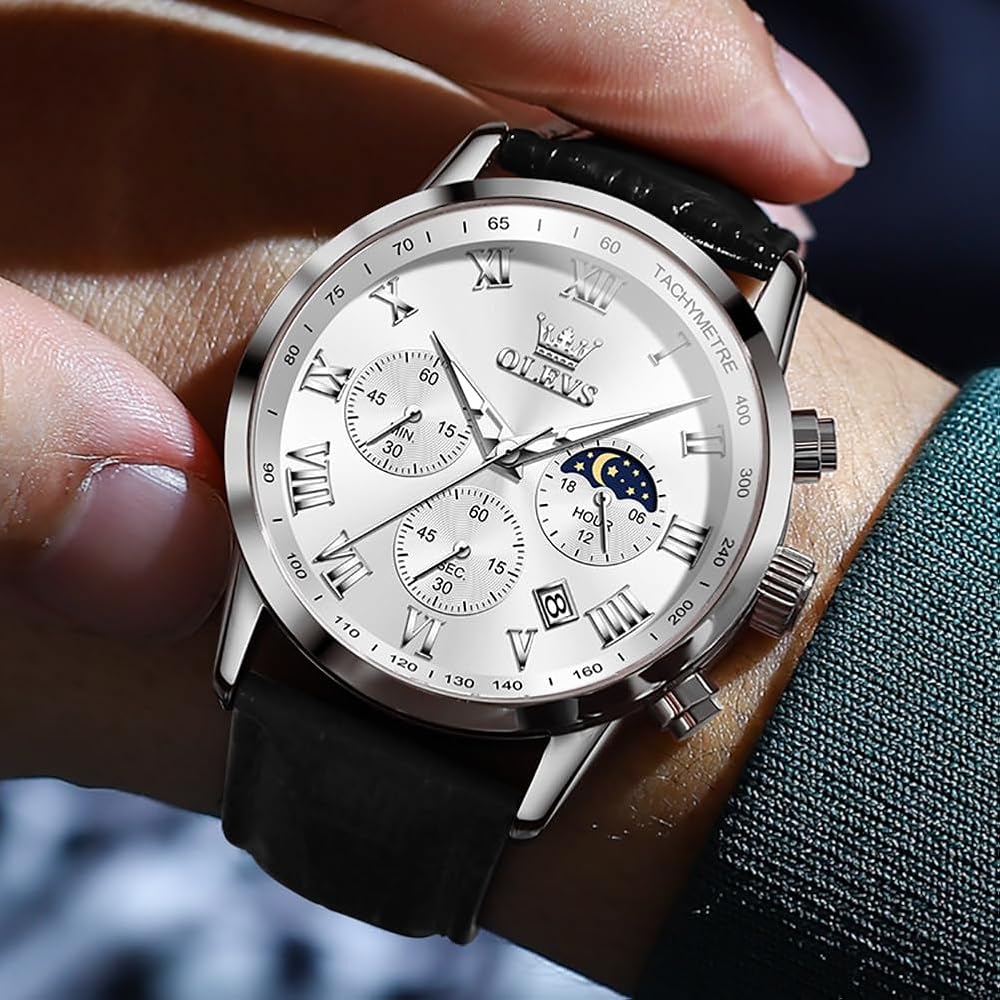 Olevs Men's Chronograph Waterproof Analog Watch Black Leather Strap Date Display Fashion Timepiece White Dial