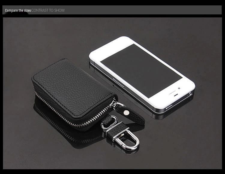 Lychee Grain Cowhide Key Case with Zipper - Pure Black