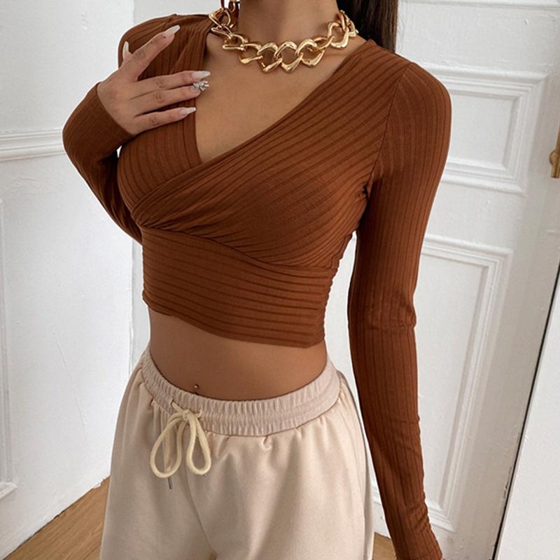 Women's Autumn and Winter V-neck Pullover Solid Color Sexy Slim T-shirt Bottoming Shirt