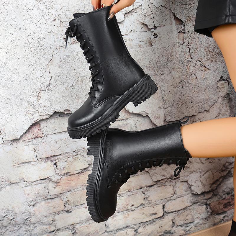 Fashion British Style Black Mid Calf Boots for Women Pu Leather Thick Heels Motorcycle Botas Mujer Autumn Winter Lace Up Boots Woman