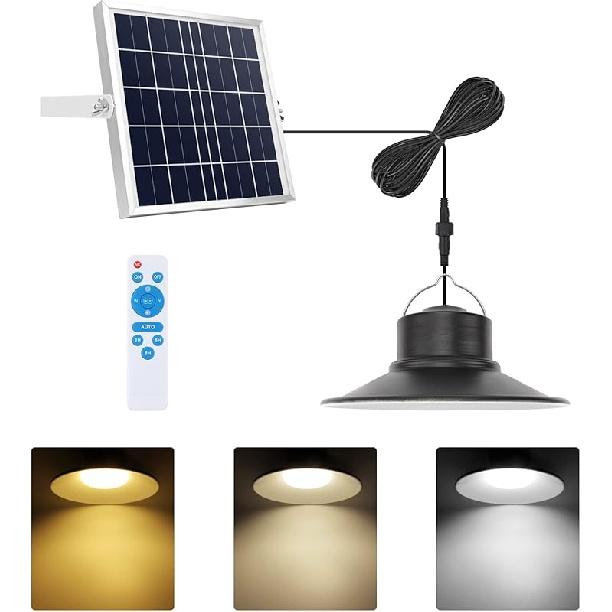 NIORSUN Solar Indoor Lights Outdoor, LED Solar Pendant Lights 3 Color Dimmable Lighting with Remote Control, Gazebo Lights,2x16.4ft Cable IP65