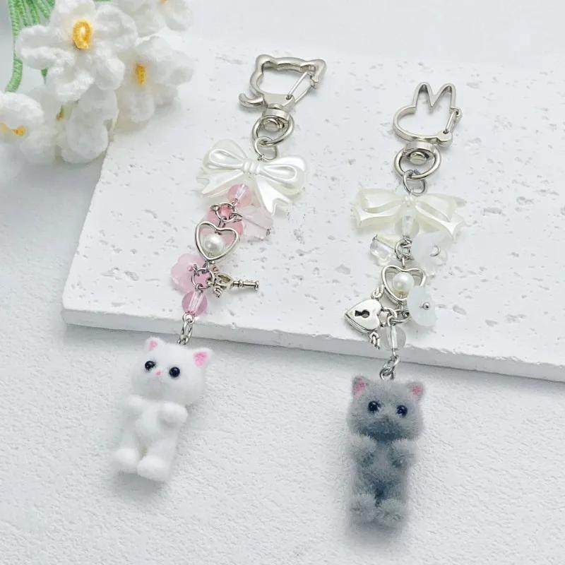 Furry Kitten Keychain Handmade Y2k Women Fashion Acrylic Animal Plush Bead Keychain Bag Pendant Gift Keychain Accessories