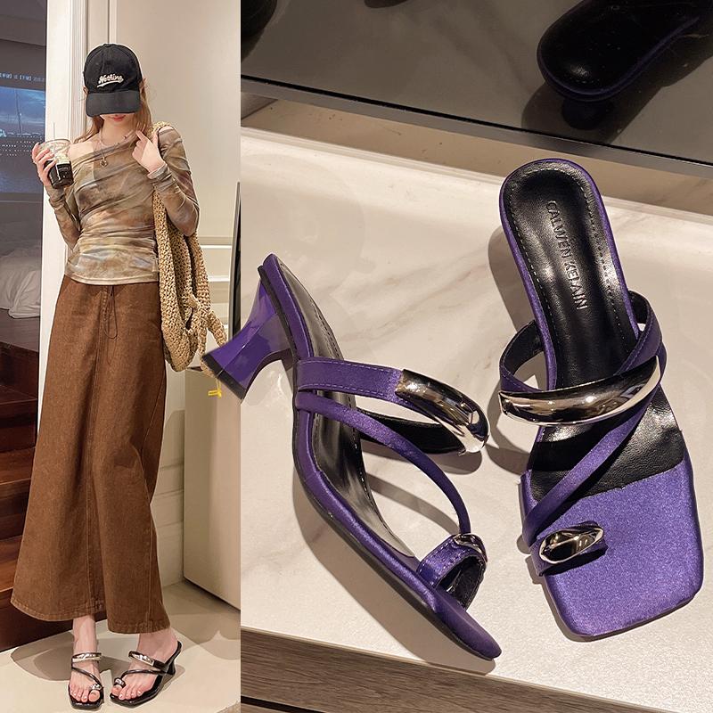 Fashion 2025 Square Toe Women Slippers Fashion Mid Heels Shoes Dress Elegant Sandals Summer Woman Pumps Trend Brand Women’s Flip Flops