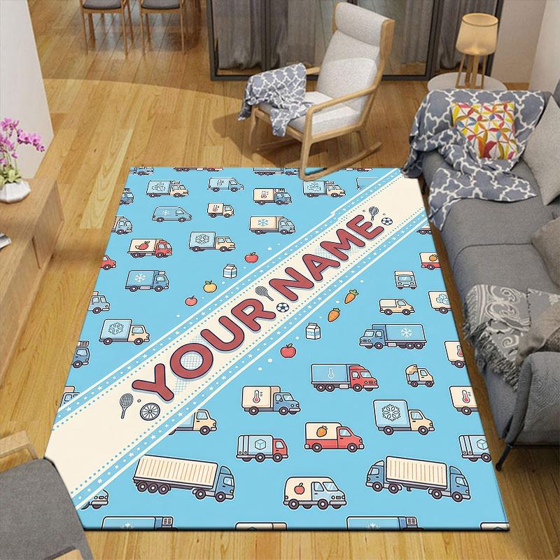 Custom Name,Cartoon Car Pattern Series Home Sofa Decoration for Living Room & Bedroom, Non‑Slip Play Flannel Floor Mat for Game Room
