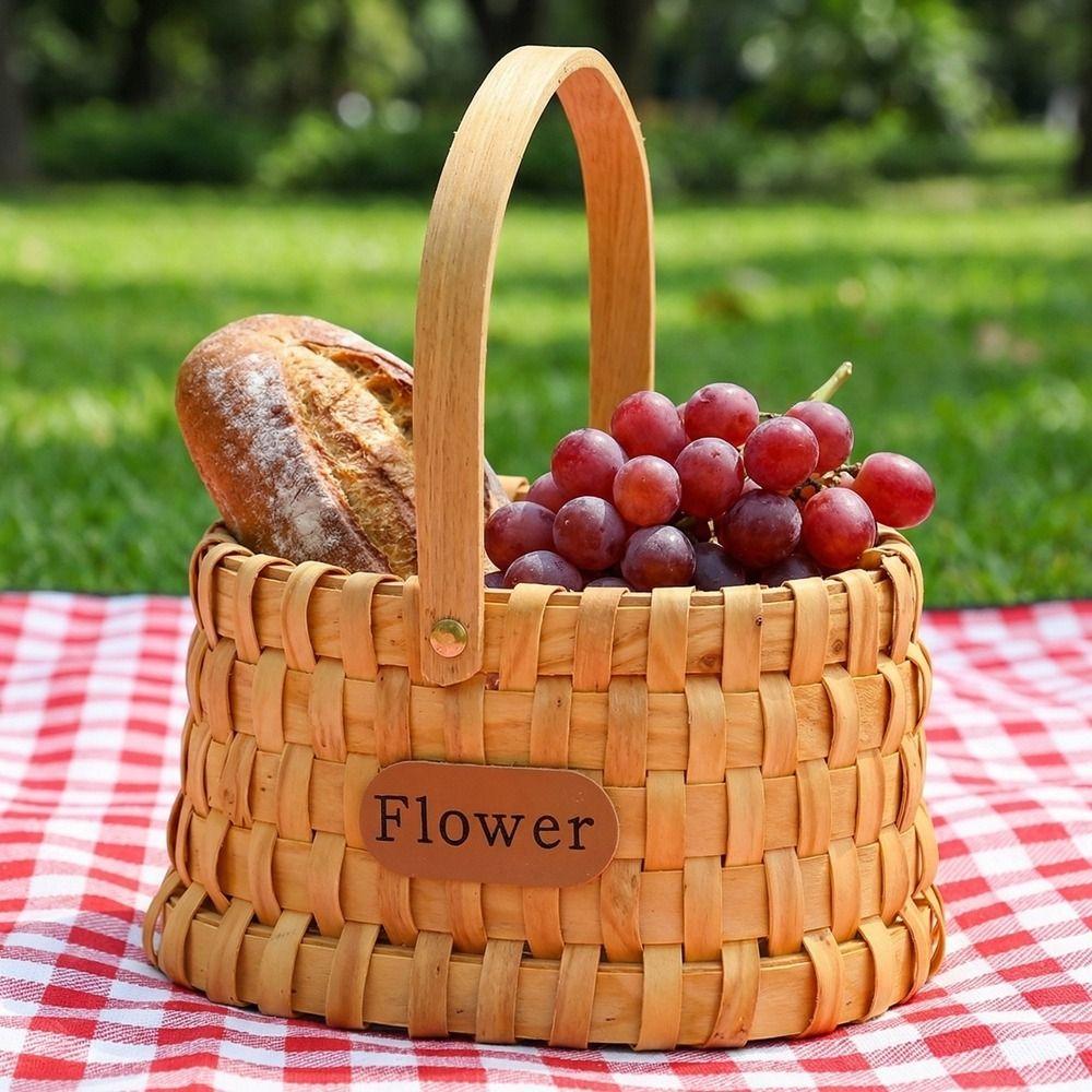 with Handle Handwoven Flower Basket Rustic Style Organizer Basket Practical Storage Basket  Picnic