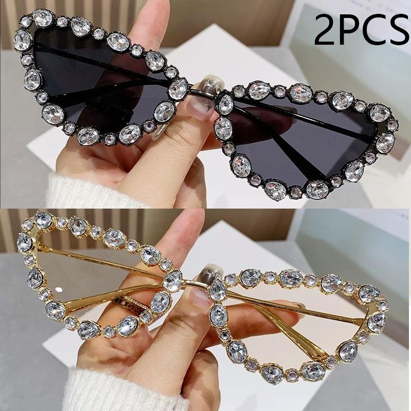 New Luxury Diamond-encrusted Cat-eye Sunglasses Ladies Personality Metal Butterfly Frame Ins Sunglasses