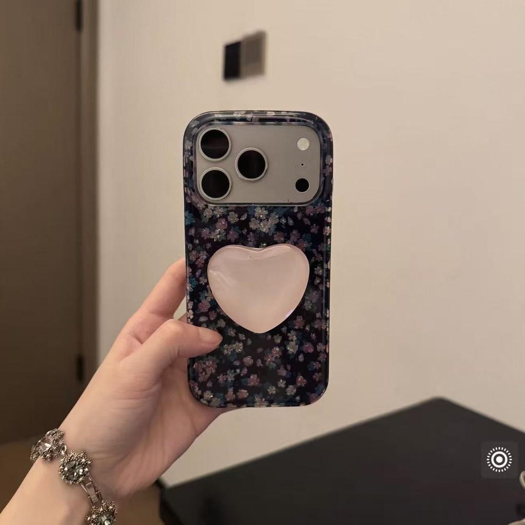Black powder floral temperament dream powder love bracket for iPhone17promax Apple 16 mobile phone case 15pr