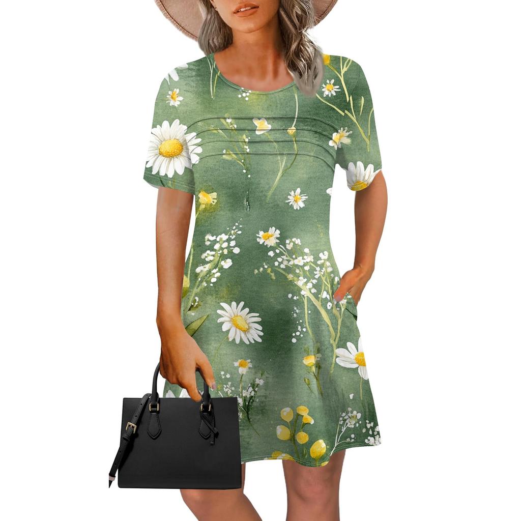 Women's Summer Dresses Women's Summer Floral Print Dresses Short Sleeve Round Tie Pocket Casual Dresses