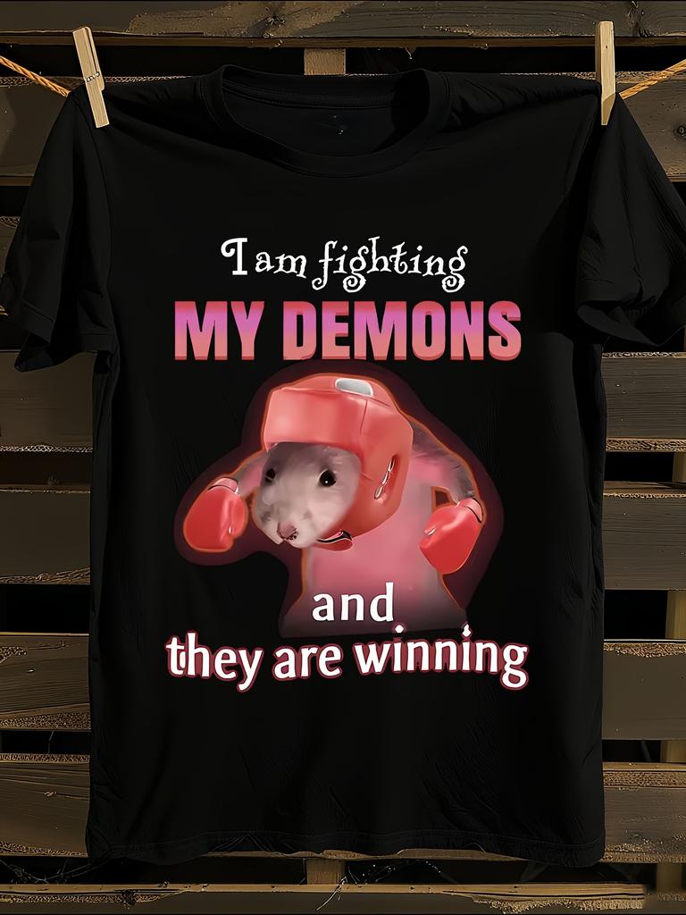 I'm Fighting My Demons Mouse and French Text Print Cotton...