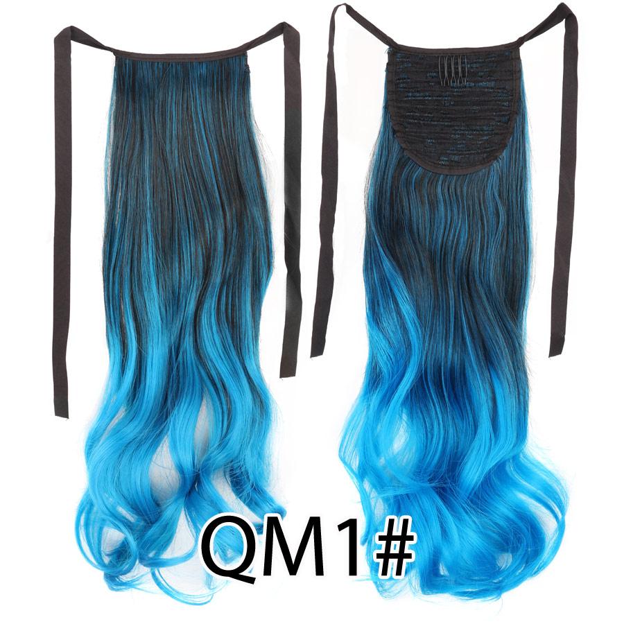 Colorful Ombre 2 Tone Cosplay Ponytail Hair Extension Body Wavy Fake One Piece Clip In Tie Up Pony Tail Dark Green/Green