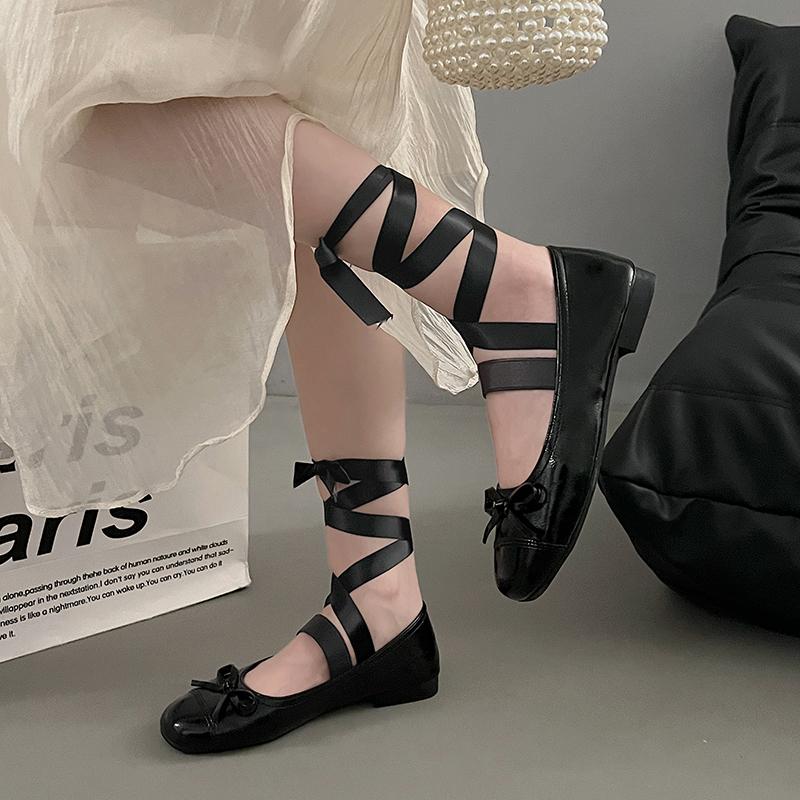 Fashion New Classic Square Toe Lace Up Ballet Flats Women Fashion Leg Tie Strap Loafers Ladies Casual Ballerina Shoes Zapatos Mujer