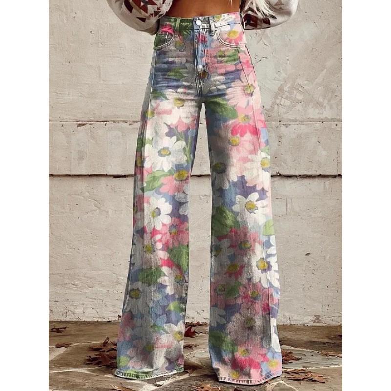 Dame Løstsiddende Bomuld Wide Leg Bukser Med 3D Digital Print Streetwear Stil Afslappede Bukser