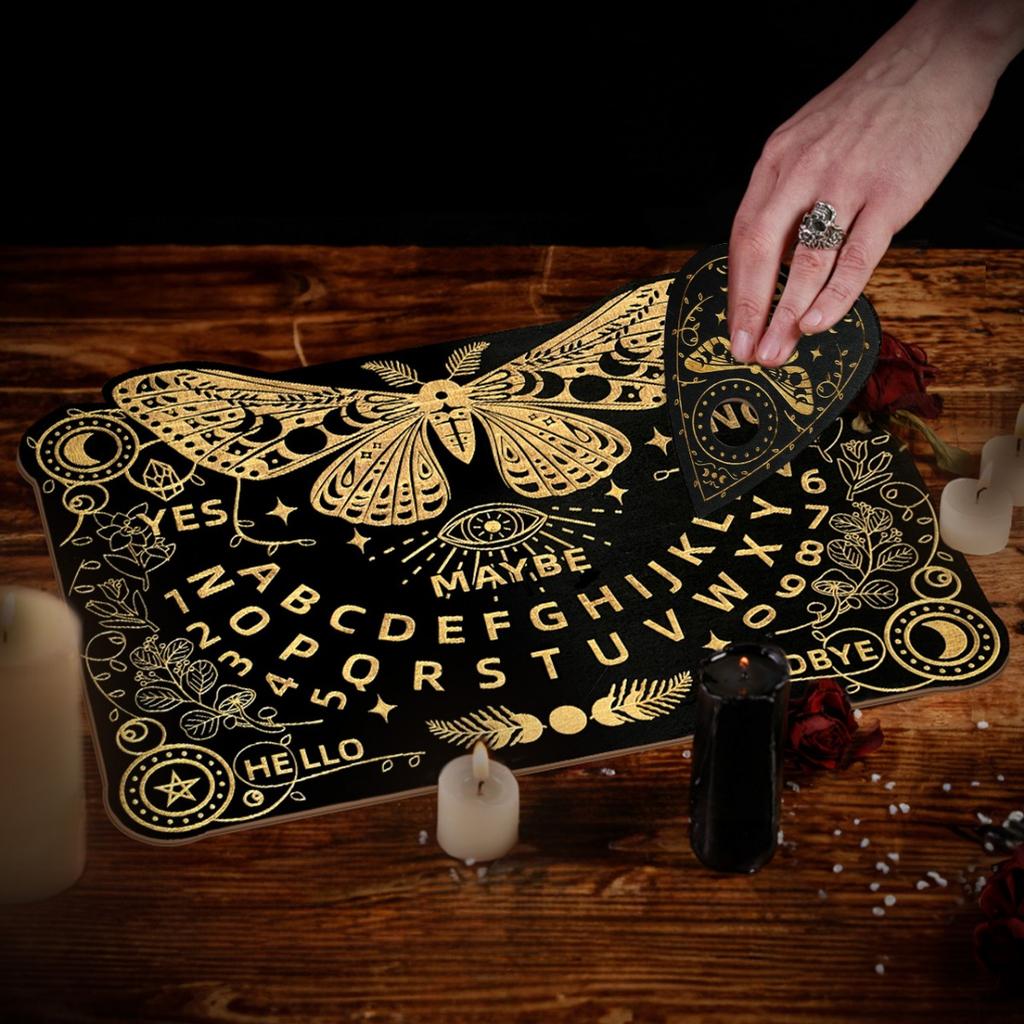 Wooden Spirit Board Kit Tarot Card Stand Holder Moth Divination Board Set with Planchette Black Altar Card Display Stand Rectangle Talking Board