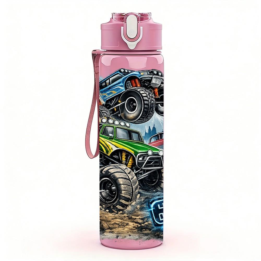 1PC Off Road Monster Truck Graffiti Print 750ml Color Plastic Sports Water Bottle Leakproof Flip Straw Lid Suitable for Sports Office Home Use