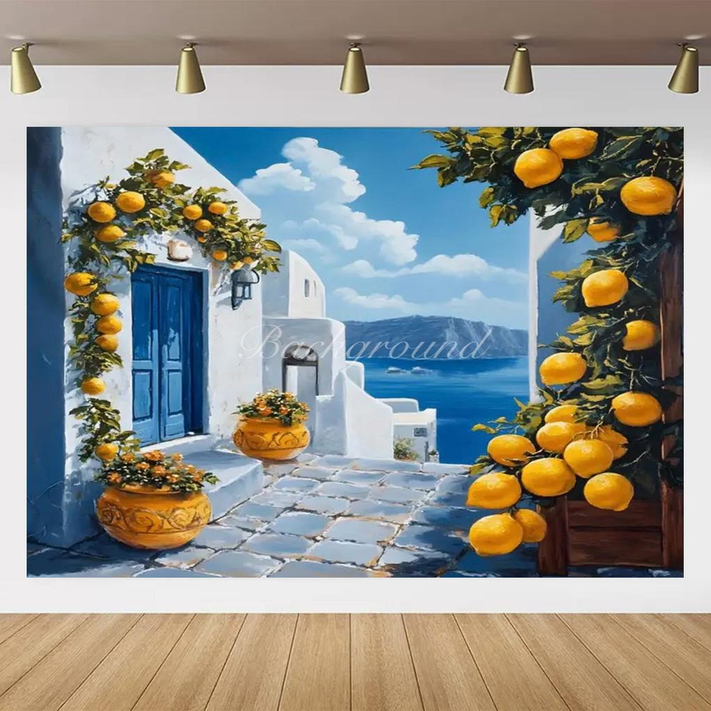 Banner Background with Lemon Tree Harvest Theme and Mediterranean Landscape Garden, Anniversary Room Decoration, Photo Backdrop