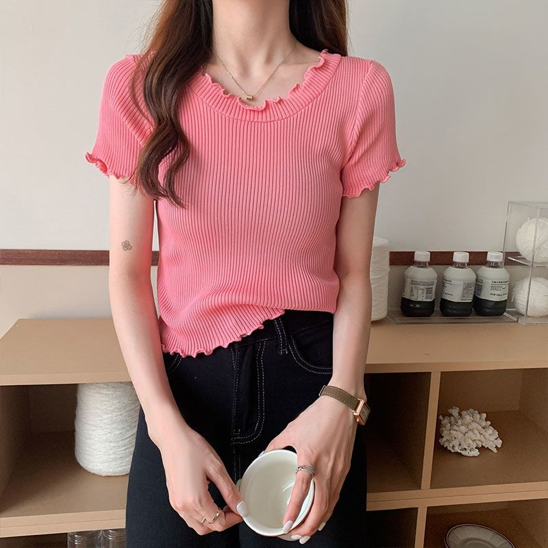 Ice Silk Short Sleeved T-shirt for Women In Summer Slim Fit and Slimming Short Top with Mushroom Edge Design Fashionable and Versatile Knit Shirt