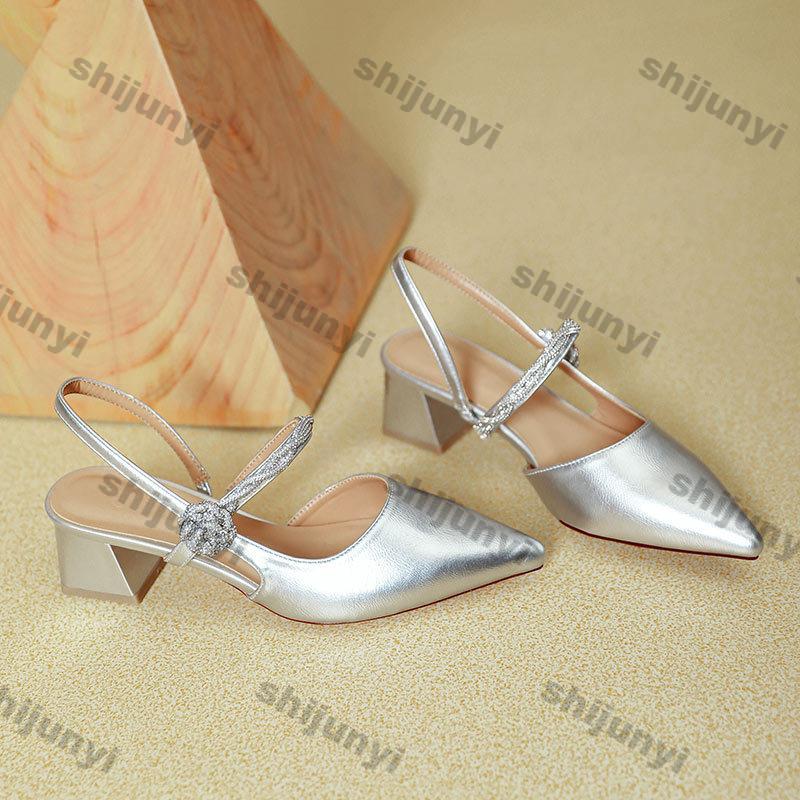 Elegant Medium Heel Women's Shoes 2025 Summer Chunky Heels Pointed End Sandals Flowers Elegant Mary Jane High Heels High Quality