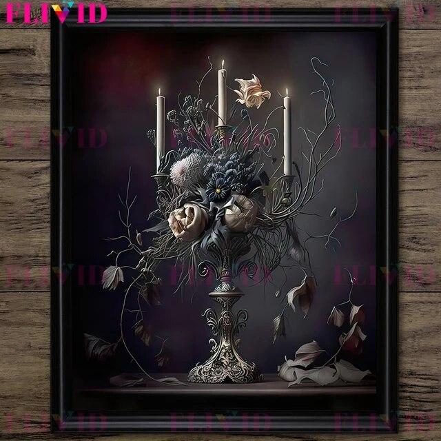 Dark Forest Mushroom And Vintage Pink Roses Vintage Wall Art Print Dark Botanical Witchcraft Gothic Art Poster Print Decoration No Frame