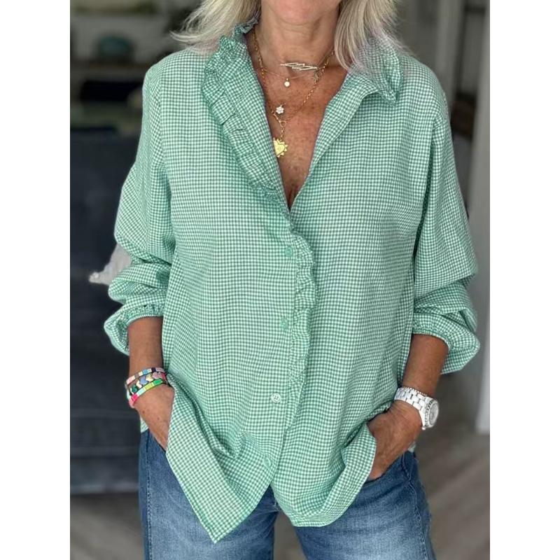 Neue Damen Knöpfe Lässig Langarm Patchwork Revers Tops Hemden