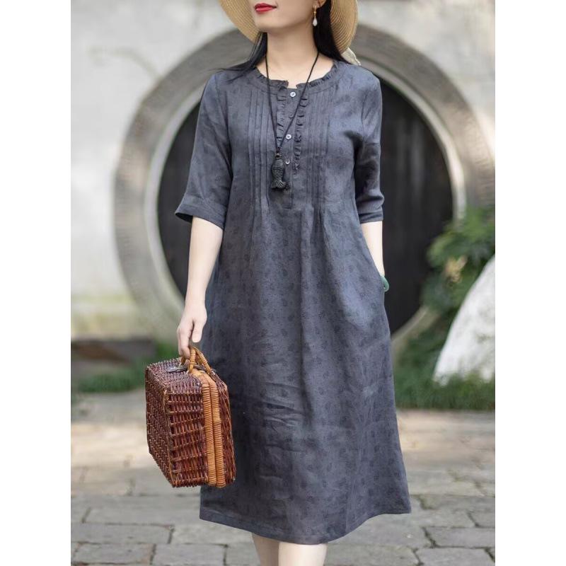 Retro Ethnic-Style Loose Printed Midi Dress for Women 2XL
