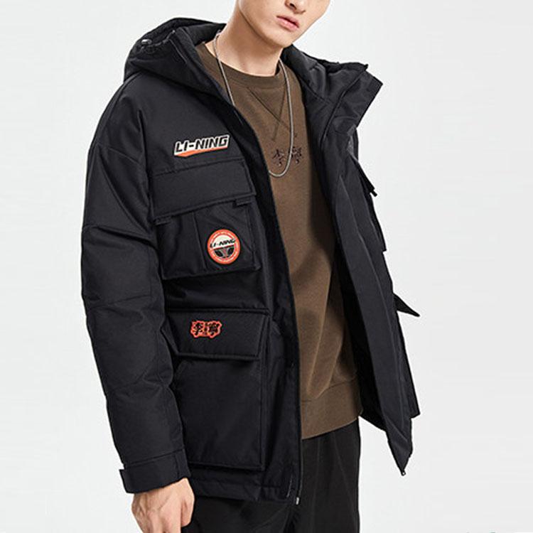 Li Ning Full Zip Hooded Windproof Warm Down Jacket With Multiple Pockets Men Jacket Black AYMQ123-3