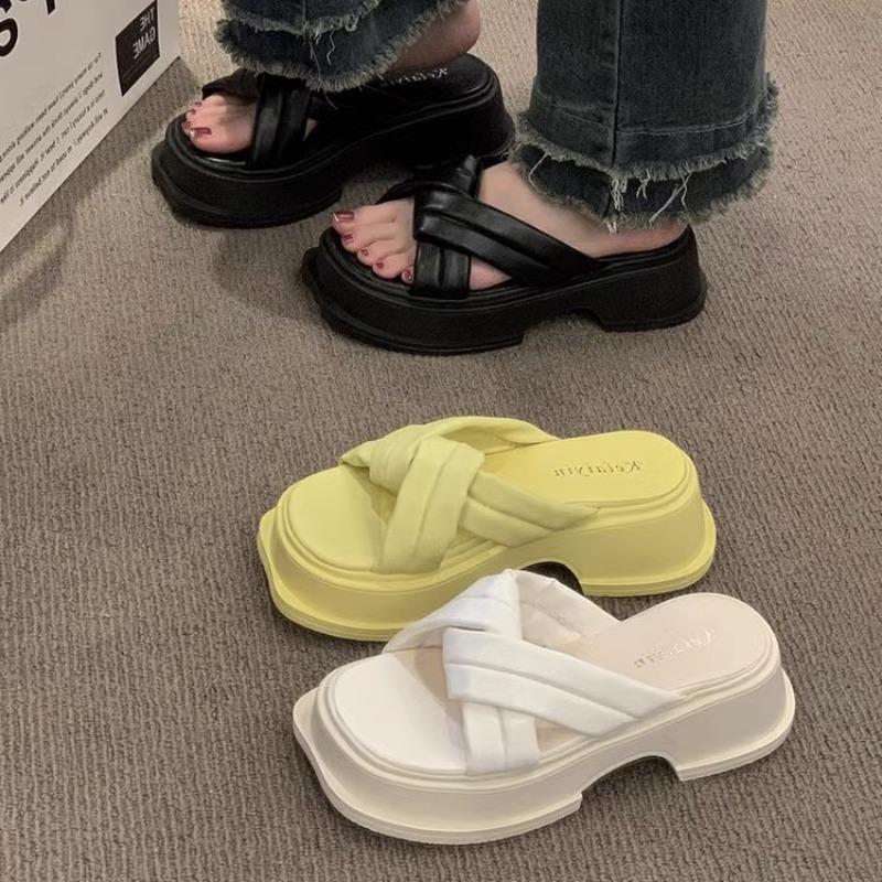 

Женские тапочки, тапочки на платформе, женские летние модные пляжные сандалии на высоком каблуке, толстые тапочки в римском стиле с круглым заголовком