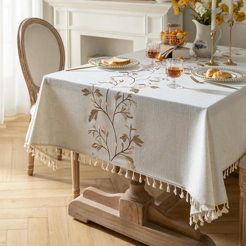 Embroidery Tablecloths Dust Proof Table Cover, Embroidery Flower Tassels Pattern Table Cloths,For Dinning Party Wedding Decor