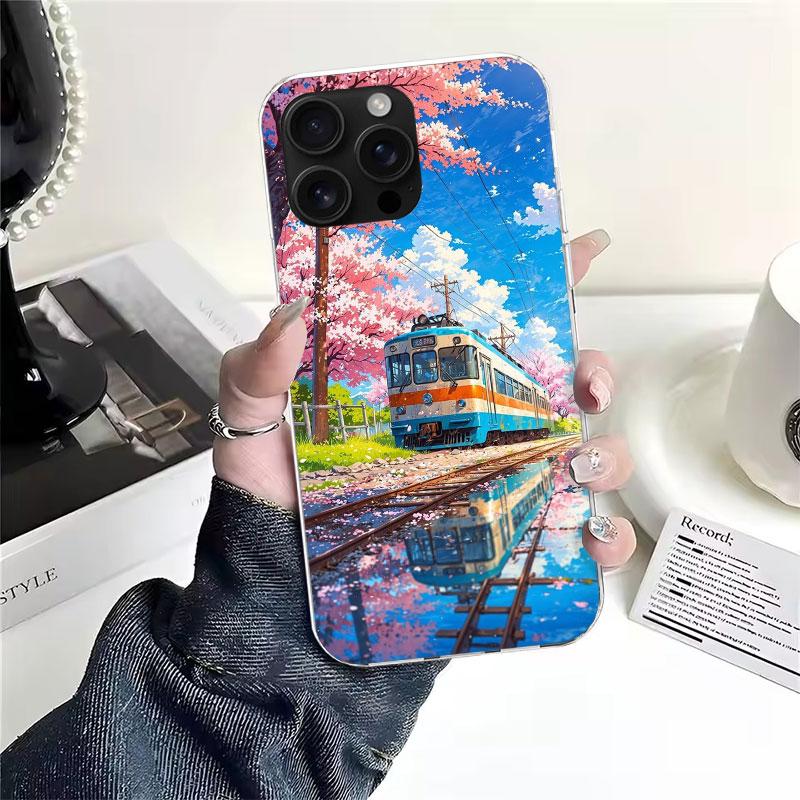 Retro Japanese Sakura Train Soft Phone Case For IPhone 18 11 17 Air 16E 16 Pro Max 15 + 14 Plus 13 Mini 12 Apple 7 SE 8 Fundas Coqu