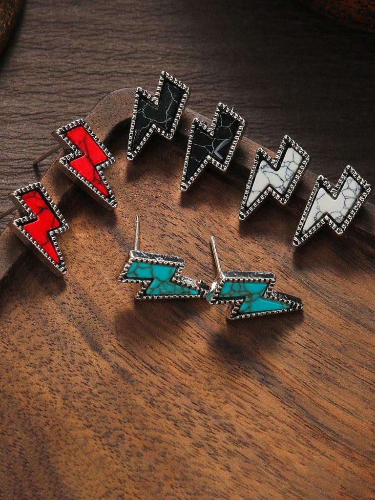 4 Pairs Bohemian Colorful Turquoise Lightning Ear Studs Earrings For Women Men Daily Wear Western Cowboy Cowgirl Jewelry Accessories Couple Gifts