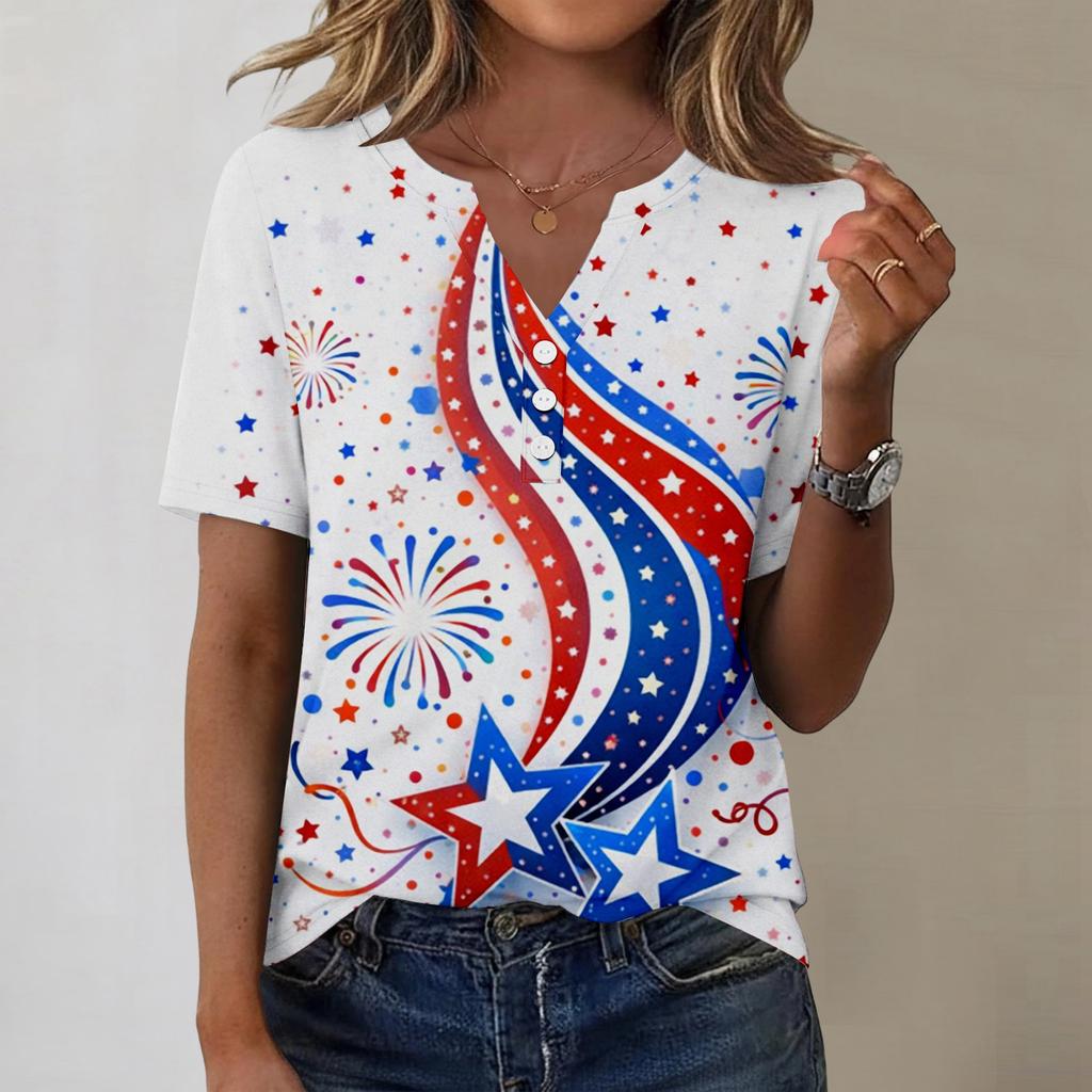 Women's fashionable casual short-sleeved Independence Day print V-neck top