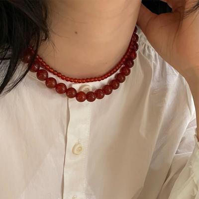 4/6/8/10mm New Red Color Beaded Necklaces Handmade Gold Plated Beads Natural Stone Chokers Agate Clavicular Chain Girl