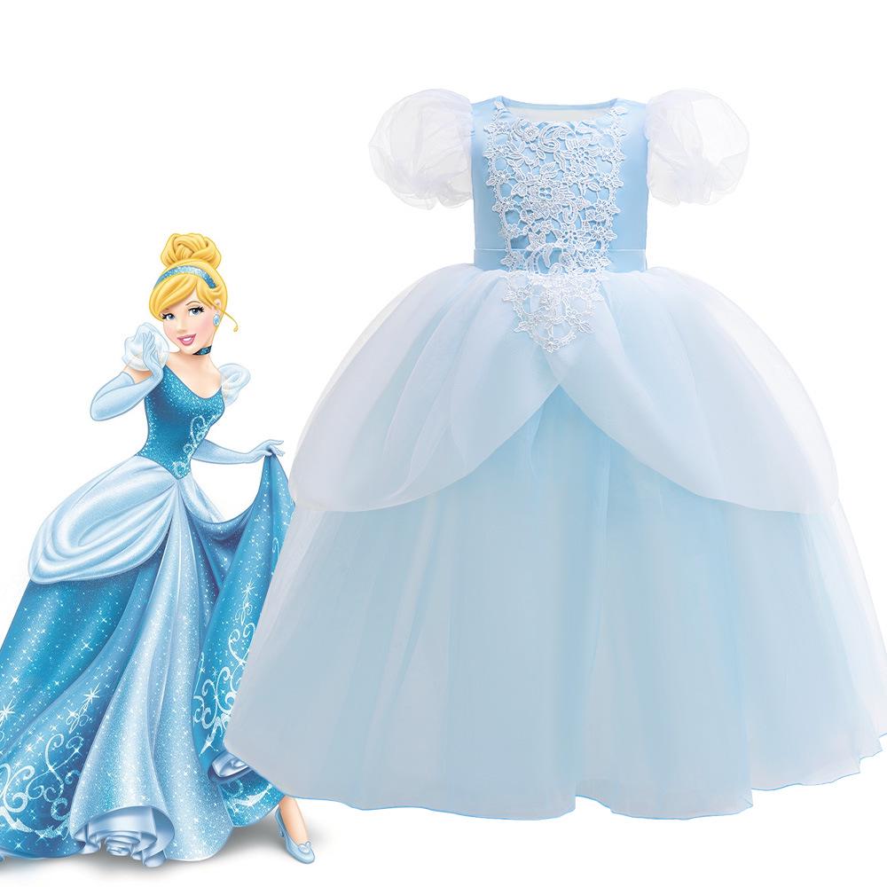European and American Cinderella Princess Dress - Girls' Puff Sleeve Frozen Elsa Cosplay Costume for Festivals