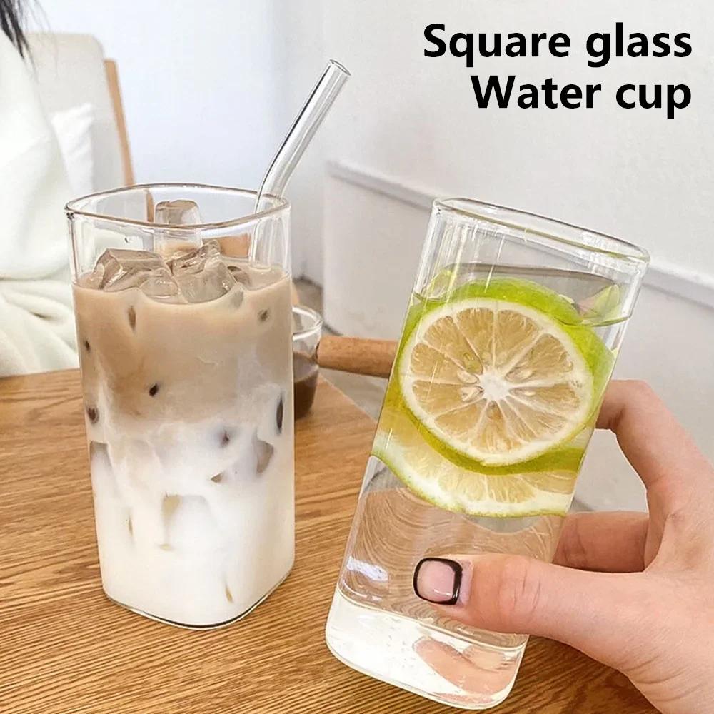 Square Heat Resistant Transparent Coffee Glass Mug Milk Tea Juice Glass Water Cup with Lid and Straw Coffee Cup Drink Mug