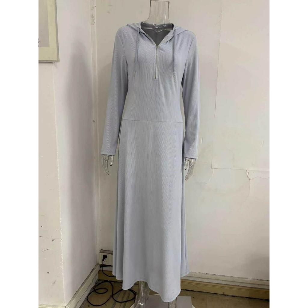 Großformat Damen Kapuzenkleid mit halbem Reißverschluss Gerippt Dehnbar Schmale Taille Langarm Langes Sweatshirtkleid